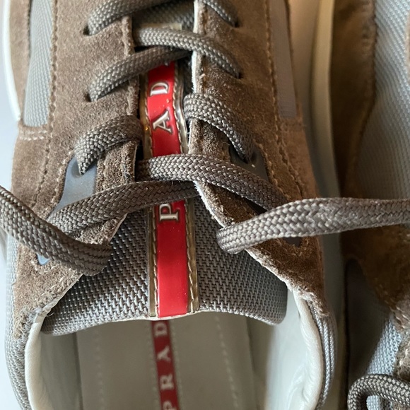 PRADA AMERICAS CUP SNEAKERS OLIVE SUEDE/MESH LOGO TONGUE/HEEL/INSOLE 10.5 EXCELL - Picture 4 of 16
